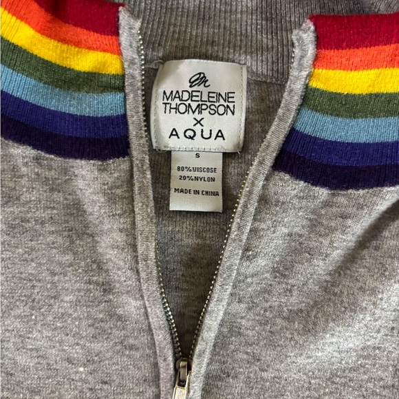 Madeleine Thompson x AQUA Gray Zip Sweater Rainbow Trim Small - Picture 3 of 4